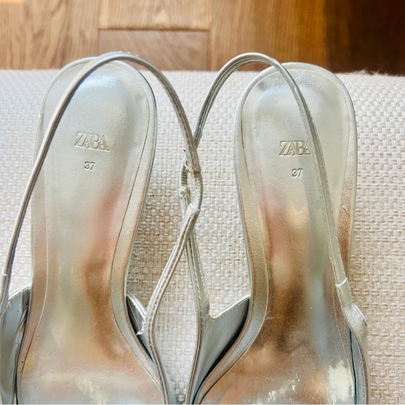 Zara | Silver Chrome Leather Slingback Shoes - Picture 11 of 13